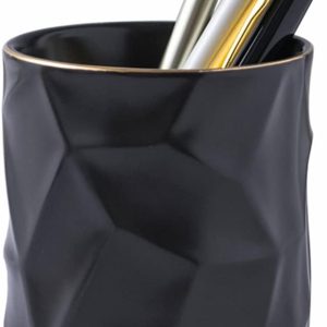 Ceramic Irregular Round Pen Holder For Desk Cute Stand Gold Line Aesthetic Pencil Cup Pot Desk Organizer for Men Women Makeup Brush Holder (Black)
