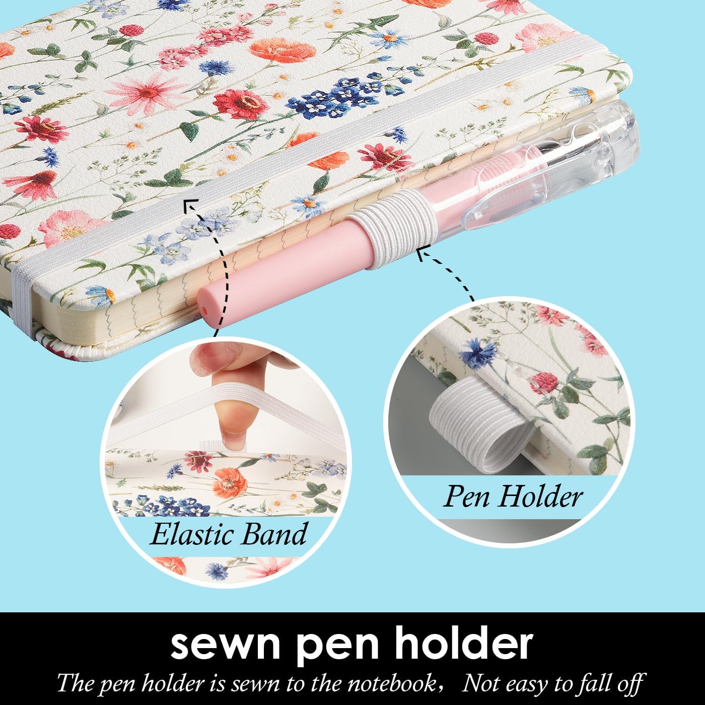 (3 Pack) Small Notebook Pocket Journal with Pen, A6 (3.7" x 5.7"), Aesthetic Floral Mini Notebooks for Women Writing, Leather Note Book with 400 Pages 100GSM Lined Paper - Image 2